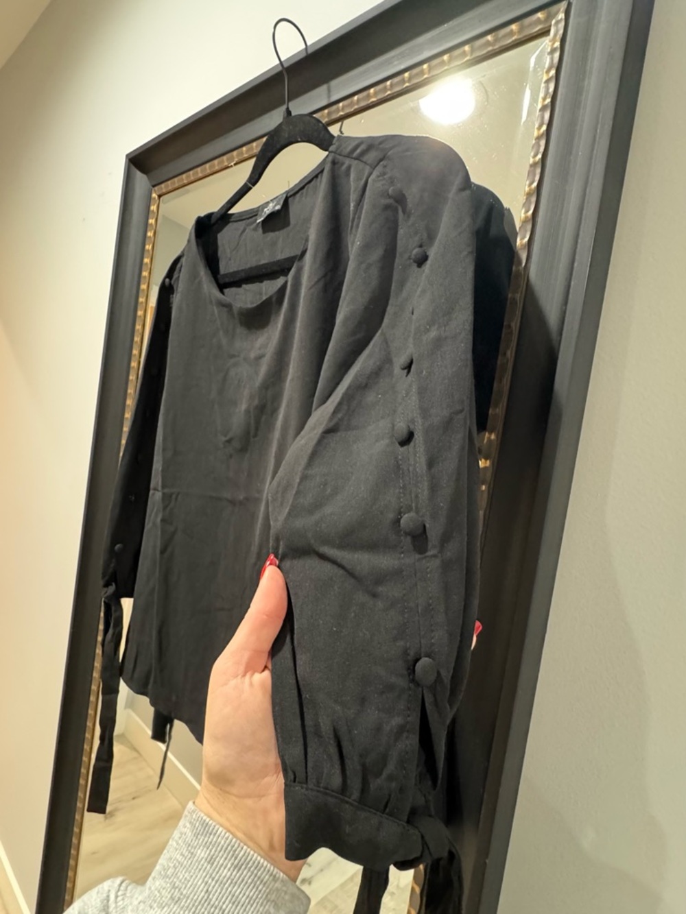 Black Button-Detail Long Sleeve Blouse